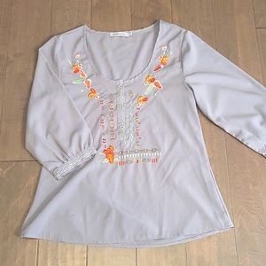 Misslook Size Small Embroidered Blouse, Grey Lightweight Top, Scoop Next Blouse